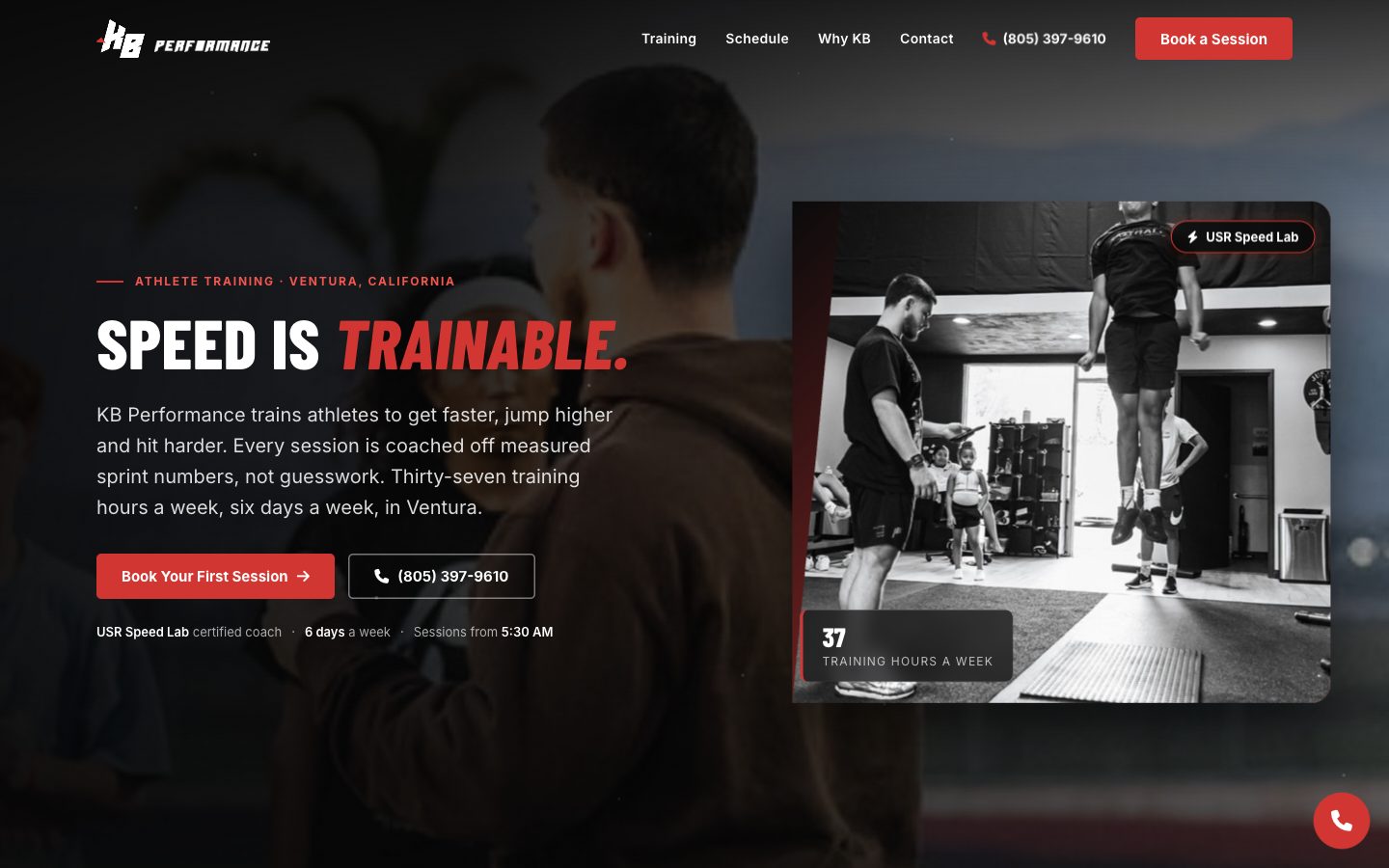 KB Performance homepage: the headline “Speed is trainable.” beside a black-and-white photo of an athlete mid-jump during a coached session